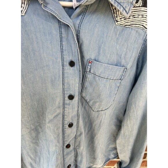 Denim Patchwork Free Women's Small Distressed Long Sleeve Button Up - Picture 6 of 6